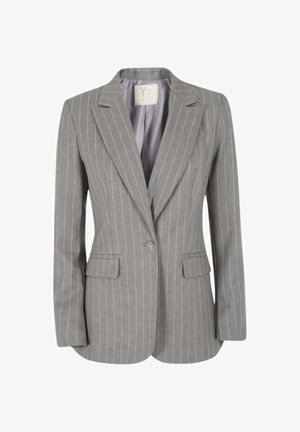 Blazer grigio a righe con revers a lancia, un unico bottone frontale, due tasche anteriori e foderato in modo liscio. Finitura in tessuto testurizzato.
