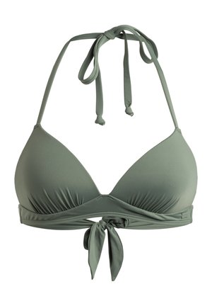 Oliwkowy biustonosz bikini w kształcie trójkąta, z regulowanymi paskami na szyi i plecach oraz owiniętym designem z przodu. Gładka tekstura.