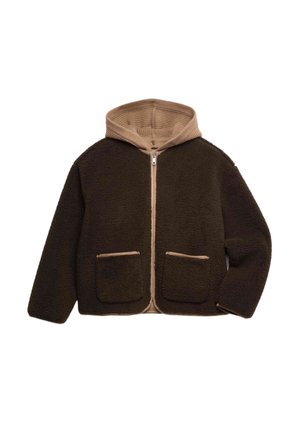 Brązowa bluza polarowa na zamek z dwoma przednimi kieszeniami oraz beżowym prążkowanym kapturem i wewnętrzną podszewką.