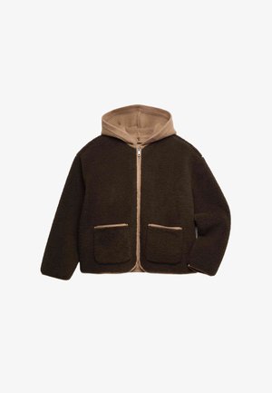 Brązowa bluza polarowa na zamek z dwoma przednimi kieszeniami oraz beżowym prążkowanym kapturem i wewnętrzną podszewką.