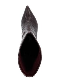 Brown faux crocodile leather pointed ankle boot with a sleek silhouette and a slightly textured surface. Interior lined in deep burgundy.
