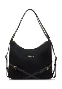 Borsa a mano in suede nero con forma curvilinea, chiusura con zip e logo in oro come dettaglio. Due tracolle regolabili con decorazione incrociata.