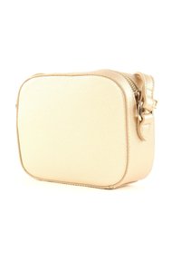 Borsa a tracolla di colore oro con superficie liscia e texture, forma rettangolare, chiusura con zip e tracolla regolabile. Presenta bordi arrotondati.