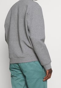 Person som bär en grå långärmad sweatshirt och turkosa byxor, sedd bakifrån med höger arm avslappnat vid sidan.