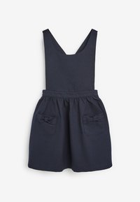 Mörkblå klänning i bomull med ärmlös design, V-ringning, elastisk midja och två framfickor prydda med rosette-detaljer.