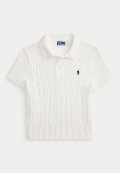 White short-sleeve cable knit polo shirt with collar, button placket, ribbed hem, and small navy embroidered logo on chest.