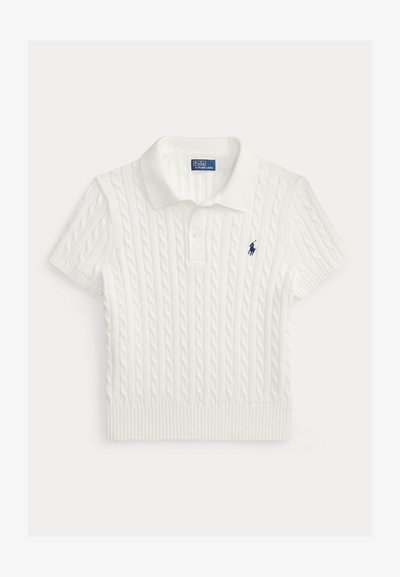 White short-sleeve cable knit polo shirt with collar, button placket, ribbed hem, and small navy embroidered logo on chest.