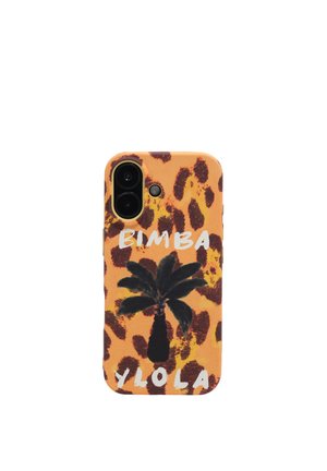 Funda de teléfono con estampado de leopardo en tonos naranja y marrón, gráfico de palmera negra y texto blanco que dice "BIMBA Y LOLA" en el frente.