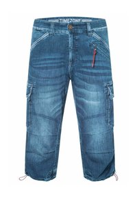 Blauwe denim cargo broek met een relaxte pasvorm, meerdere zakken, knoopsluiting, decoratieve stiksels en een koord aan de broekspijpen.