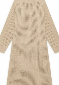 Vestito beige lavorato a maglia con trama aperta, maniche lunghe e silhouette a trapezio, caratterizzato da scollo rotondo e lunghezza al polpaccio.