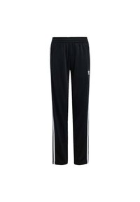 Černé sportovní tepláky s elastickým pasem, s bílými bočními pruhy a malým logem na levé straně. Hladký povrch látky.