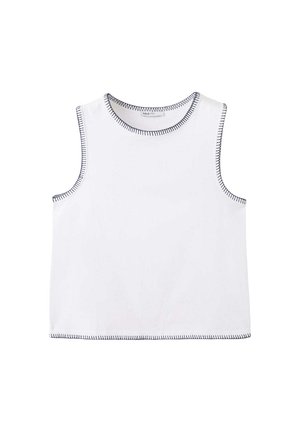 Weißes ärmelloses Crop-Top mit rundem Ausschnitt und schwarzer Zickzacknaht entlang der Kanten und Armlöcher.