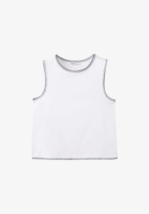 White sleeveless crop top with round neckline and black zigzag stitching along edges and armholes.