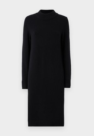 Rochie neagră tricotată cu gât înalt, mâneci lungi și manșete de tip rib; design mulat și lungime până la genunchi. Textură netedă, fără modele.