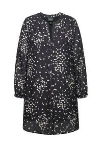 Czarna tunika w białe kropki, dekolt w serek, długie rękawy z marszczeniami przy mankietach oraz zapięcie na guziki z przodu.