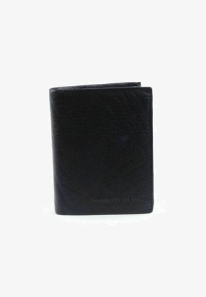 Black leather wallet with a textured finish, bi-fold design, and embossed branding at the bottom corner. Compact and rectangular shape.
