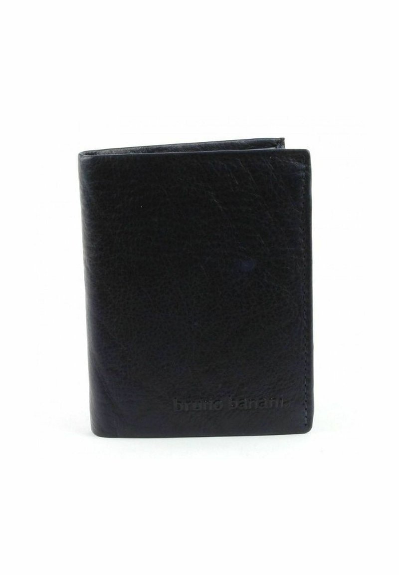 Portefeuille en cuir noir avec une finition texturée, design pliable en deux et logo embossé dans le coin inférieur. Forme compacte et rectangulaire.