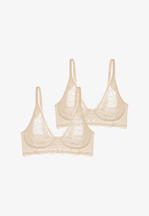 Two feminine triangle bras, made of soft lace in a light beige color, featuring adjustable straps and a delicate trim along the edges.