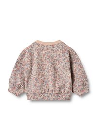 Felpa a stampa floreale in rosa chiaro, con maniche a sbuffo, colletto e orlo a costine. Il tessuto è morbido, decorato con piccoli fiori colorati.
