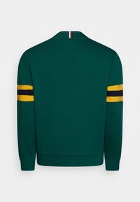 Grøn sweatshirt med V-hals, gule og marineblå striber på ærmerne og en kontrasterende stribedetalje ved halsen.