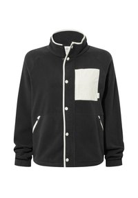 Black fleece jacket with a high collar, white zippered pockets, and contrasting white accents along the front and sleeves.