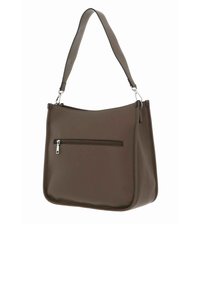 Sac à bandoulière en cuir marron avec une texture lisse, une poche avant zippée et une bandoulière réglable unique. Design minimaliste et forme structurée.