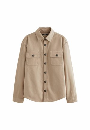 Beige skjorta med knappar av texturerat tyg, med långa ärmar, två bröstfickor med lock och svarta knappar framtill.