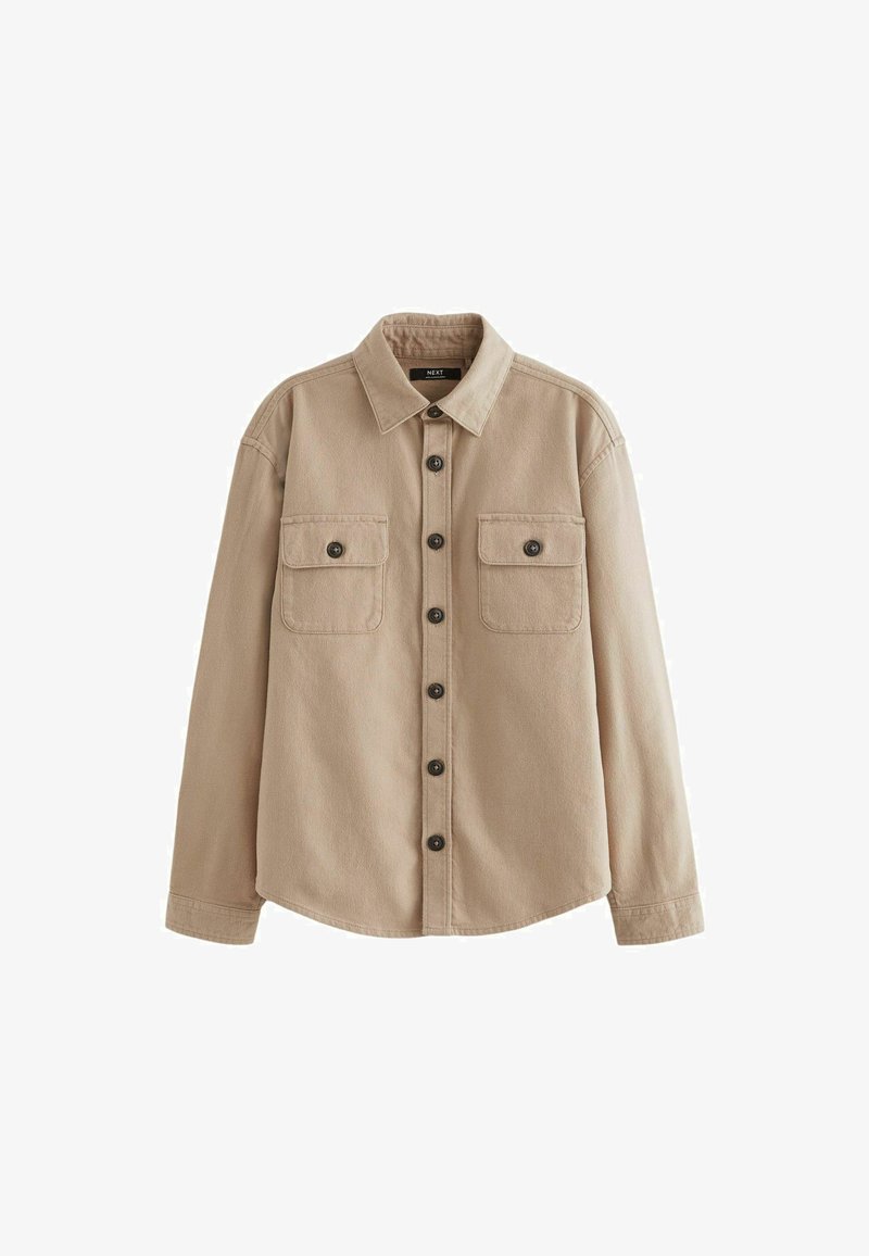 Beige Hemd aus strukturiertem Stoff, mit langen Ärmeln, zwei Brusttaschen mit Klappen und schwarzen Knöpfen auf der Vorderseite.