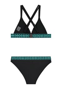 Sort bikini med krydset rygdesign og justerbare stropper. Livremmen er accentueret med et turkist ternet mønster.