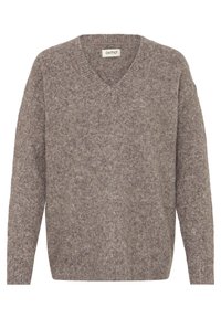 Rjav, mehke tkanine pulover z V-izrezom, dolgimi rokavi in sproščenim krojem. Opaženi svetli in temni vlakni ustvarjata pikčast vzorec.