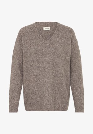 Suéter de punto marrón de textura suave con cuello en V, mangas largas y un ajuste relajado. Fibras claras y oscuras prominentes crean un patrón jaspeado.