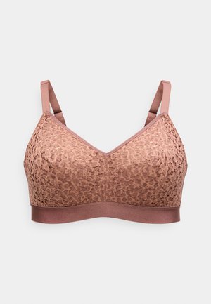 Soutien-gorge sans armatures en dentelle rose doux avec bretelles réglables et large bande élastique sous poitrine, présenté sur un fond gris clair.