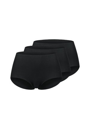 Drei schwarze nahtlose Damenunterhosen mit hoher Taille, nebeneinander auf einem weißen Hintergrund gestapelt.