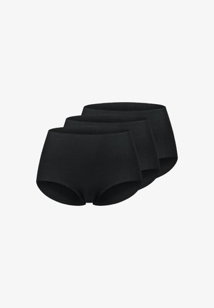 Drei schwarze nahtlose Damenunterhosen mit hoher Taille, nebeneinander auf einem weißen Hintergrund gestapelt.