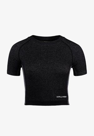 Black cropped athletic shirt with short sleeves, made from textured fabric. Features logo "GORILLA WEAR" on the lower front.