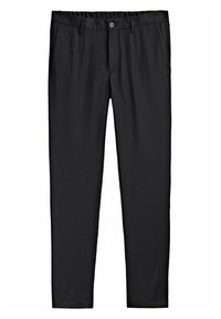 Zwarte broek van gladde stof, voorzien van een knoopsluiting, lussen voor een riem en twee zijzakken. Slim fit ontwerp met een eenvoudige textuur.