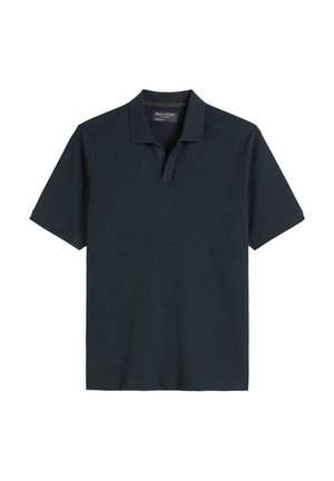 Granatowa bawełniana koszulka polo z trzema guzikami, krótkimi rękawami i luźnym krojem. Gładka tekstura i minimalistyczny design.