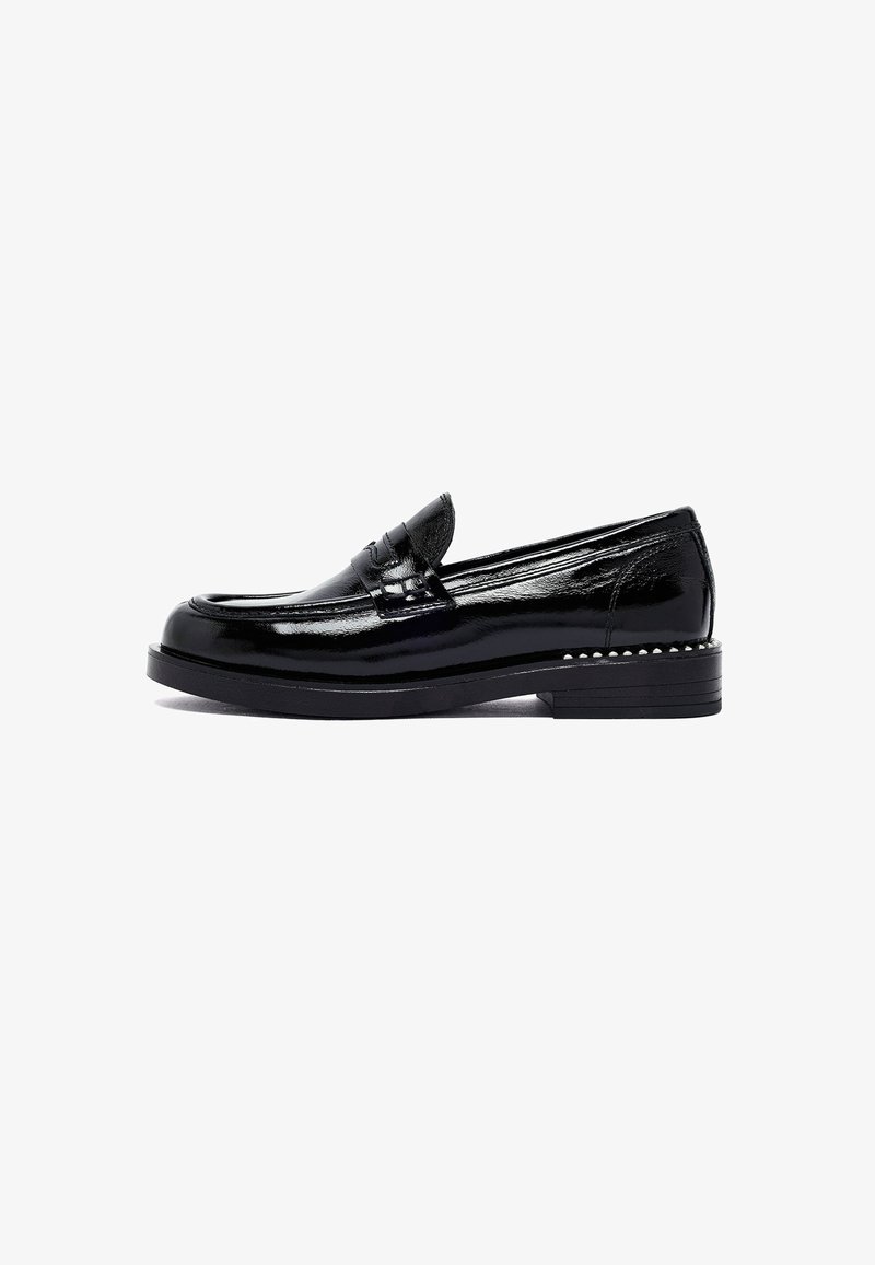 Black patent leather loafer with low stacked heel and decorative stitching along the side of the sole, shown in profile on white background.