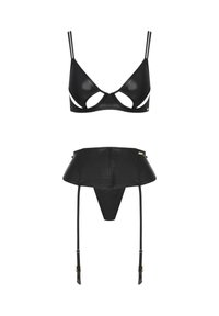 Schwarz es Negligé-Set bestehend aus einem dreieckigen Bralette mit Ausschnitten und verstellbaren Trägern, begleitet von einem hoch taillierten Strapsgürtel mit Hardware-Details.