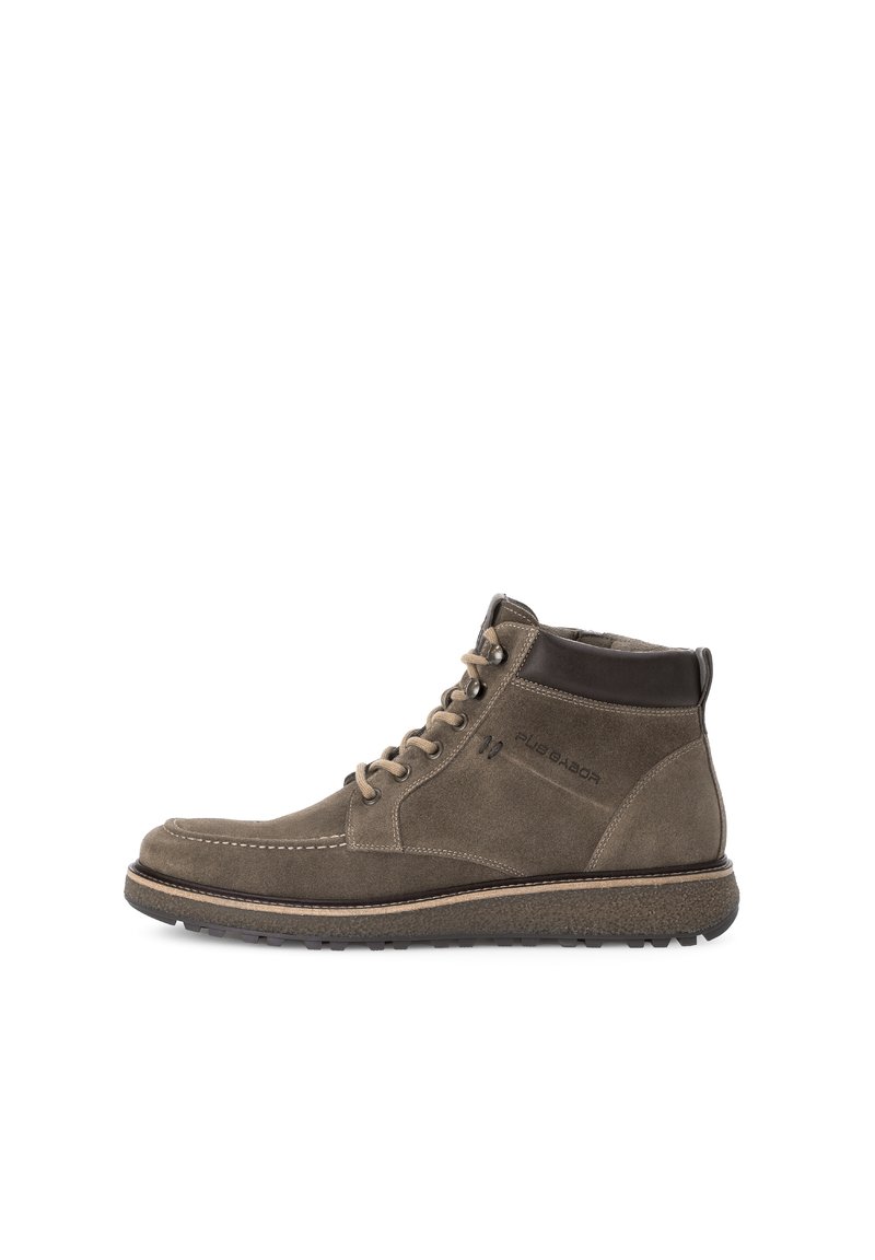 Braune Wildleder-Ankle-Boots mit Gummisohlen, ausgestattet mit einem Schnürdesign, gepolstertem Schaft und kontrastierenden Nähten.