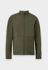 Veste zippée verte olive avec col montant, manches longues, poignets élastiques et motif monogramme "MK" discret sur les panneaux avant inférieurs.