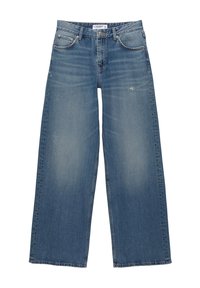 Jeans à jambes larges en denim bleu clair avec un effet délavé. Comprend un design classique à cinq poches et des coutures décoratives le long des coutures.