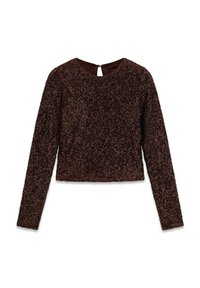 Top marrone a maniche lunghe con una superficie testurizzata e scintillante. Design corto con chiusura posteriore a occhiello. Fodera interna liscia.