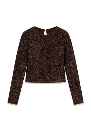 Braunes Langarmoberteil mit einer strukturierten, schimmernden Oberfläche. Verkürztes Design mit Schlüsselöffnung auf der Rückseite zum Verschließen. Glattes Innenfutter.