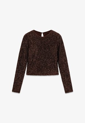 Braunes Langarmoberteil mit einer strukturierten, schimmernden Oberfläche. Verkürztes Design mit Schlüsselöffnung auf der Rückseite zum Verschließen. Glattes Innenfutter.