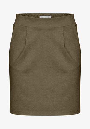 Olivgrüne Bleistiftrock, aus weichem Stoff gefertigt. Verfügt über einen elastischen Bund und zwei vordere Falten. Sanfte Textur mit einem sauberen Saum.