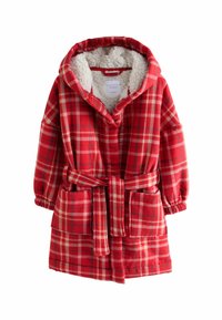 Accappatoio a quadri in rosso e bianco, con cappuccio, interno morbido, vita con cintura e due tasche frontali. Tessuto morbido con maniche elasticizzate.
