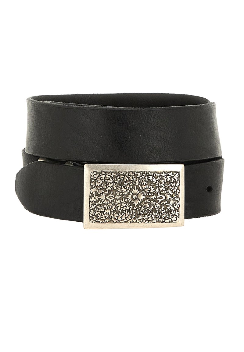 Cintura in pelle nera con una fascia larga e una fibbia in metallo argento rettangolare che presenta motivi floreali intricati.