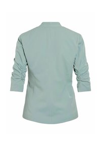 Blazer ajusté vert clair avec des manches à trois quarts froncées, vu de dos sur fond blanc.