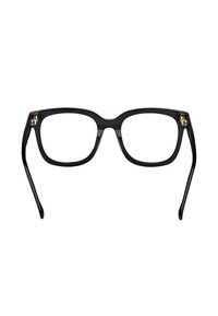 Mustat suorakulmaiset silmälasikehykset kiiltävällä pinnalla, joissa on kultaisia yksityiskohtia saranan lähellä ja sileät, suorat varret.